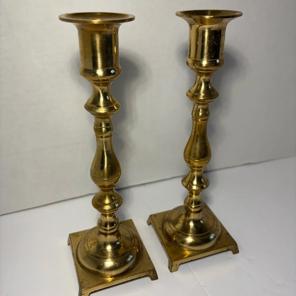 Vintage Brass Candlestick Holders Japan Square Base 7.5” Set Of Two